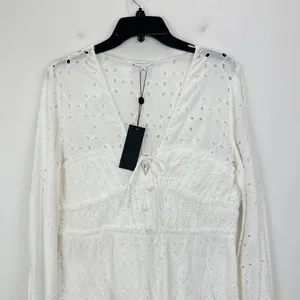 Gianni Bini Katrina Eyelet Mini Dress Cotton Long Sleeve A Line White Large NWT thumbnail 4