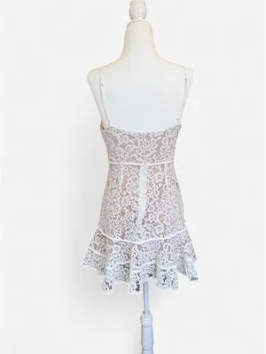 Lush White Lace Mini Dress Spaghetti Strap Ruffle Hem Size Small thumbnail 4