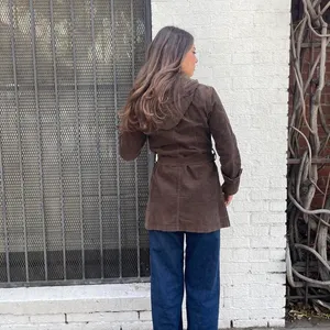 Vintage retro Brown corduroy trench coat belted jacket sz s thumbnail 4