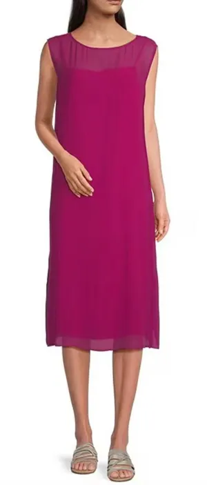 Eileen Fisher Sheer Silk Georgette Boat Neck Sleeveless Midi Dress Sangria L NWT thumbnail 1