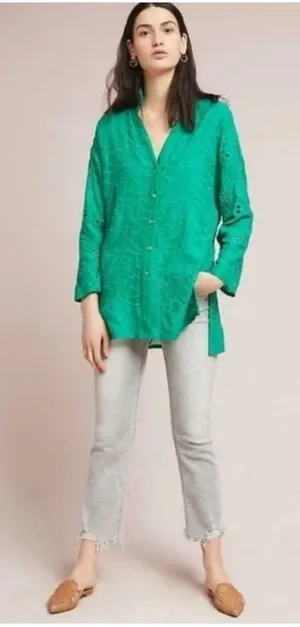 Anthropologie Akemi + Kin Abacos Green Eyelet‎ Tunic Blouse Top Medium OB762780 thumbnail 1