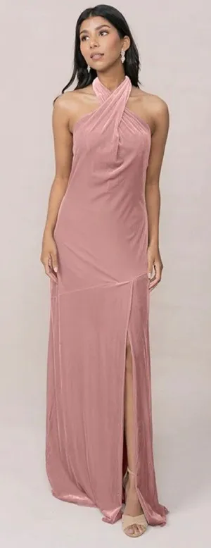 Revelry Athena Dress Size 4 Pink Velvet Halter Criss Cross Gown‎ Maxi Romantic thumbnail 1