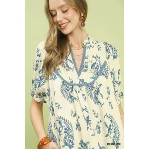 Umgee Mix Paisley Scallop Trim Dress - Blue Mix - Small thumbnail 5