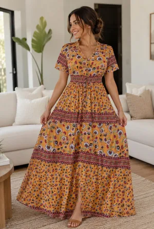 Cupshe Boho Floral Orange Tiered maxi Dress thumbnail 1
