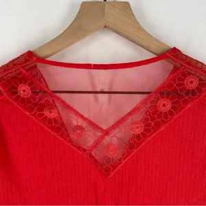 Free People Vibrant Red‎ Ribbed Lace Trimmed Dolman Sleeve Blouse Size M thumbnail 10