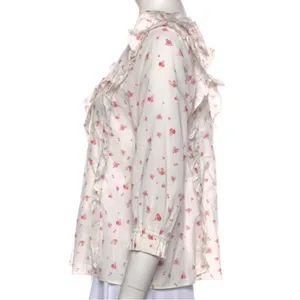 LoveShackFancy Cream & Pink Floral Print Ruffle Blouse thumbnail 8