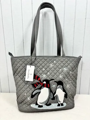 Vera Bradley Gray Quilted Penguin Tote with Red Scarf Accents NEW thumbnail 1