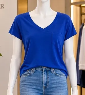 Femme by Tresics Royal Blue V Neck Pocket Tee Cobalt Womens XL thumbnail 1
