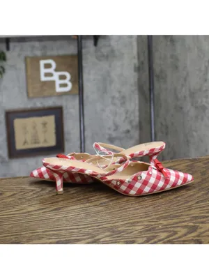 NWT Wild Fable Gingham Eyelet Kitten Heel Mules 92611152 Red / White 8.5M thumbnail 7