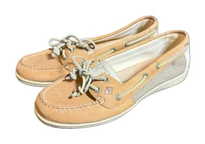 Sperry Top-Sider Firefish Boat Shoes Women 9M Tan Leather Linen Nautical Loafers thumbnail 1