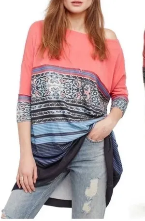Free People Coral Boho Mixed Print Drop Shoulder Tunic knit 3/4 sleeve dress‎ M thumbnail 1