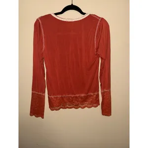 POL Womens Boho Lace Trim Henley Top Terracotta Orange Long Sleeve S Goblincore thumbnail 6