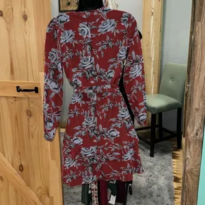 8th August Red Floral Long Sleeve Wrap Dress Ruffle Tiered‎ Skirt Size Small thumbnail 3