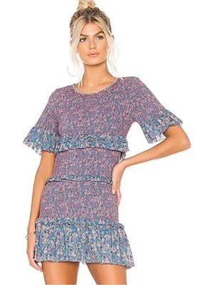 LoveShackFancy Aveline Pink Floral Ruched Ruffle Mini Dress thumbnail 3