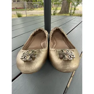 Tory Burch Melinda Ballet Flats Metallic Gold Leather Double T Logo Size 7.5 M thumbnail 9