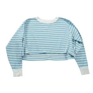 Altar'd State Blue White Striped Waffle Knit Cropped Oversize Long‎ Sleeve Top thumbnail 3