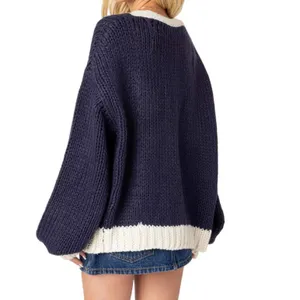 Edikted Contrast Chunky Knit Cardigan Womens XS/S Navy Ivory Oversized Cozy thumbnail 5