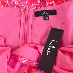 Lulus Adorable Obsession Pink Floral Print Lurex Tiered Midi Dress size L NWT thumbnail 2