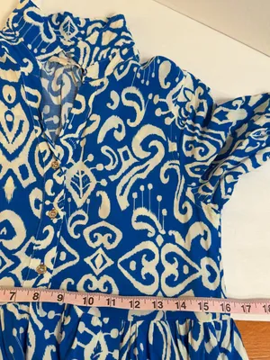 Entro Shirt Dress Women Size S Blue White Ikat Print Midi Side Pockets thumbnail 6