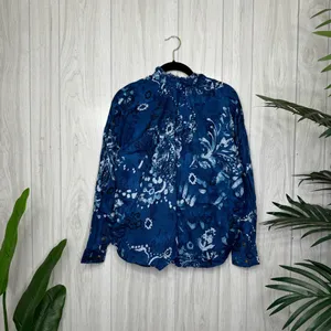 Anthropologie Pilcro The Tavi Ruffled Button Down Blouse Blue Batik Floral Small thumbnail 4