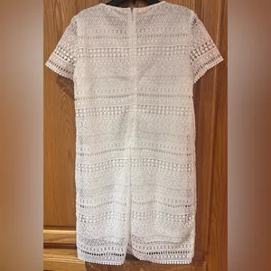 Mango White Crochet‎ Short Sleeve Lined Mini Shift Dress Size 6 Medium Cruise thumbnail 6