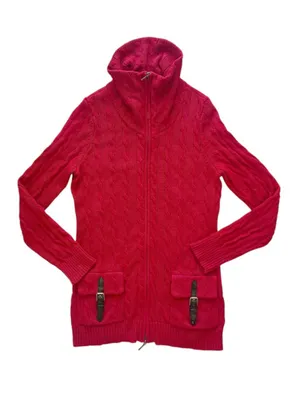 Lauren - Ralph Lauren Red Cable Knit Zip Up Cardigan Size Medium thumbnail 1