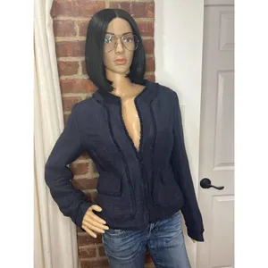 Ann Taylor Quiet Luxury Navy Tweed Fringe Jacket Blazer Size 4 thumbnail 2