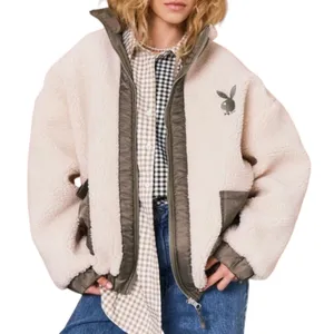 Playboy x Missguided Jacket Bomber Fleece Bunny Logo Ivory Olive Women’s Size 4 thumbnail 3