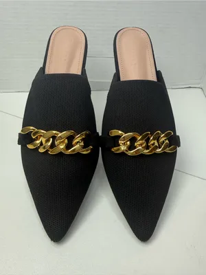 CUCCOO Black Pointed Toe Mule Flats Gold Chain EU 41 US 10-10.5 thumbnail 6