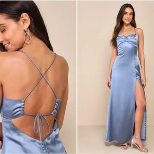 LULUS Prom Wedding Bridesmaid Sexy Satin Open Tie Back Elegant Maxi Dress thumbnail 2