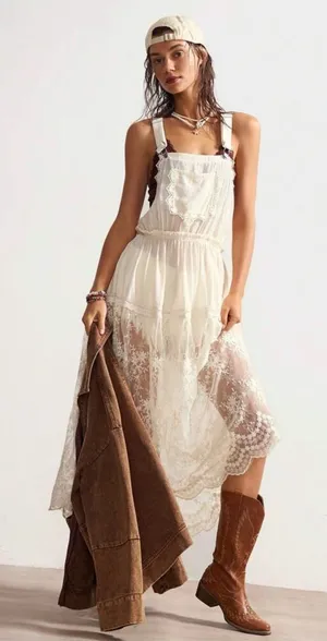 Lace-Trim Pink Apron Dress with Cream Lace Skirt thumbnail 1