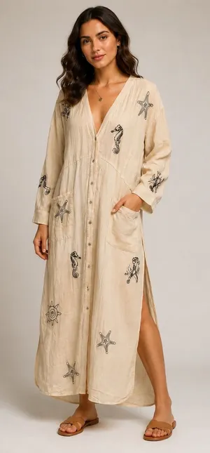 Anthropologie‎ Nautical Embroidered Maxi Dress Cream Seahorse Starfish Small thumbnail 1