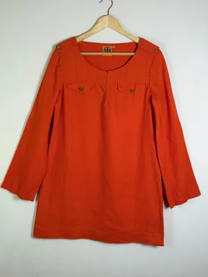Tory Burch 100% Linen Shift Dress Orange Roll Tab Sleeve Mini Tunic Women’s 10 thumbnail 3