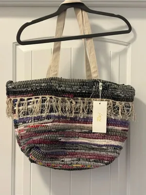 Raj Anthropologie Handwoven Multicolor Fringe Tote Bag - Cream Handles NWT thumbnail 1