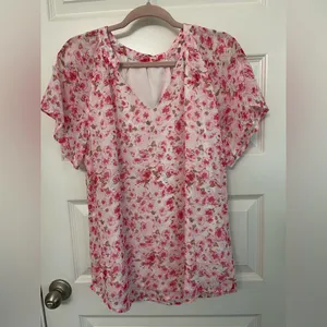 Pink Floral Short Sleeved V Neck Blouse Size L thumbnail 6