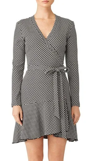 Nicole Miller Collection‎ Claudette Knit Wrap Sweater Dress L Geometric Ruffles thumbnail 1
