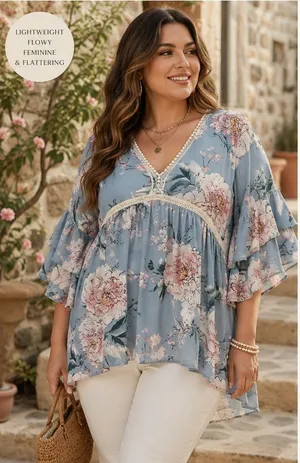 Umgee Floral Babydoll Tunic Top Blue Pink Ruffle Bell Sleeve Boho L thumbnail 1