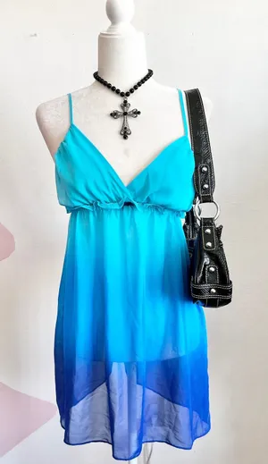Blue Sheer‎ Babydoll Dress, Coquette Y2K Lingerie Romantic Vintage Small thumbnail 1