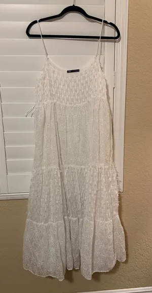 Zara White Eyelet Tiered Spaghetti-Strap Maxi Dress with Smocked Bodice thumbnail 1