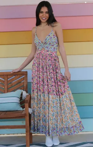 Angie Boho Floral Spaghetti-Strap Maxi Dress in Pastel Multi thumbnail 1