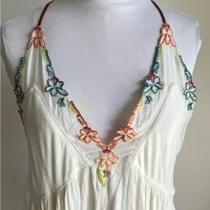 Free People Island Time Floral V Neck Tank Top Ivory Leather Straps thumbnail 6