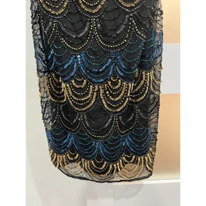 Vintage Art‎ Deco Beaded Scallop Mini Dress Navy Gold Iridescent Flapper thumbnail 6