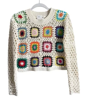 Luna Ivy Crochet Sweater Crop Granny Knit Top Cottagecore Boho Patchwork Small thumbnail 1