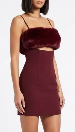 Naked Wardrobe Maroon Faux Fur Cutout Mini Dress Small thumbnail 1