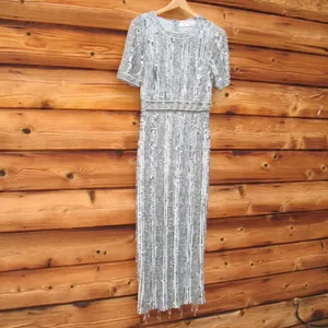 Mac Duggal 5980 Blue High Neck Short Sleeve Crystal Fringe Column Dress thumbnail 7