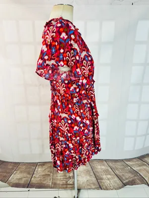 Anthropologie Red Pink Robin Floral Ruffle‎ Tiered V-Neck Mini Dress Size XS thumbnail 6