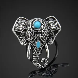 Bohemian Elephant Ring with Turquoise Accent Silver Plated‎ Adjustable Open Band thumbnail 6
