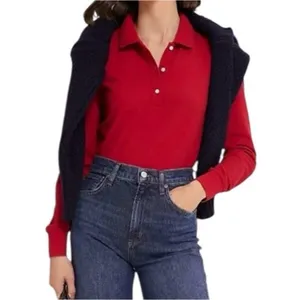 NEW Tuckernuck Peggy‎ Long Sleeve Cotton Polo Shirt in Red Size XS thumbnail 2