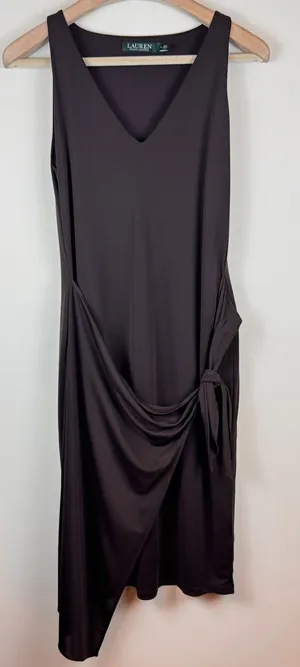 Lauren Ralph Lauren Chocolate Brown Draped Tie Side Asymmetrical Midi Dress M thumbnail 1