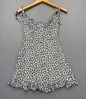 Reformation Christine Dress Navy Floral Tie Strap Mini Dress Size 6 USA Made thumbnail 1